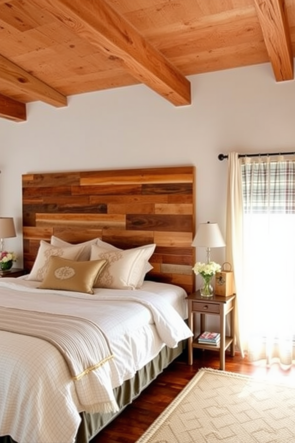 A reclaimed wood headboard adds a touch of rustic charm to the bedroom. The warm tones of the wood contrast beautifully with soft white bedding and vintage-inspired decor. The room features exposed wooden beams and a cozy area rug that enhances the rustic feel. Natural light filters through sheer curtains, creating a serene and inviting atmosphere.