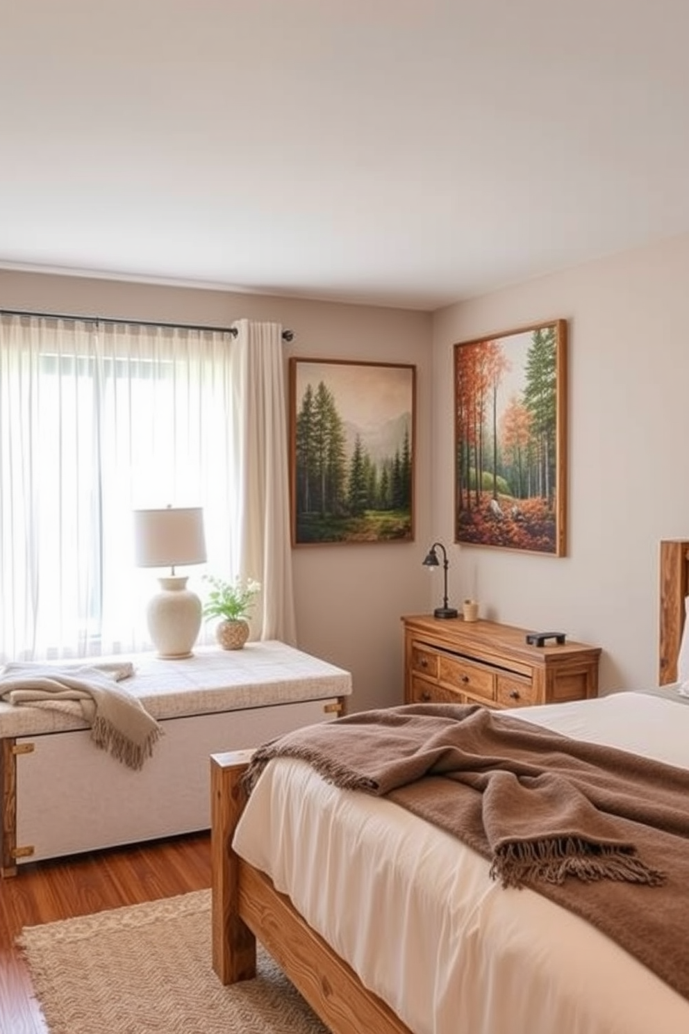 A cozy rustic bedroom featuring mason jar sconces that provide warm ambient lighting. The walls are adorned with reclaimed wood panels, and a plush, oversized bed with a handmade quilt takes center stage.