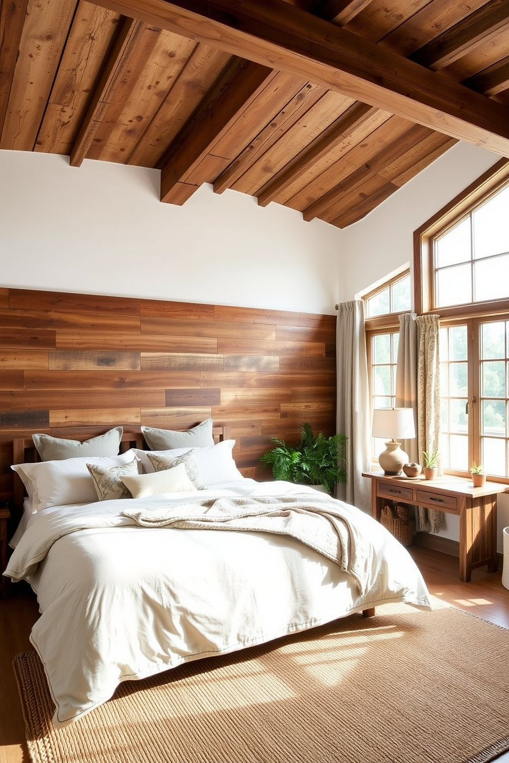 A cozy rustic bedroom featuring reclaimed wood beams on the ceiling and a feature wall made from barn wood. The bed is dressed in organic cotton linens with earthy tones, and a woven jute rug lies underfoot. Natural light floods the room through large windows dressed with linen curtains. A bedside table made from salvaged wood holds a handcrafted ceramic lamp, and potted plants add a touch of greenery.