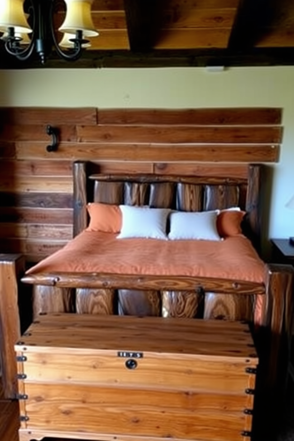 A cozy rustic bedroom featuring a sturdy wooden bed frame with a plush mattress dressed in warm, earthy tones. At the foot of the bed, a beautifully crafted cedar chest invites storage and adds a touch of charm to the space. The walls are adorned with reclaimed wood paneling that enhances the natural aesthetic of the room. Soft, ambient lighting from wrought iron fixtures creates a welcoming atmosphere, perfect for relaxation.