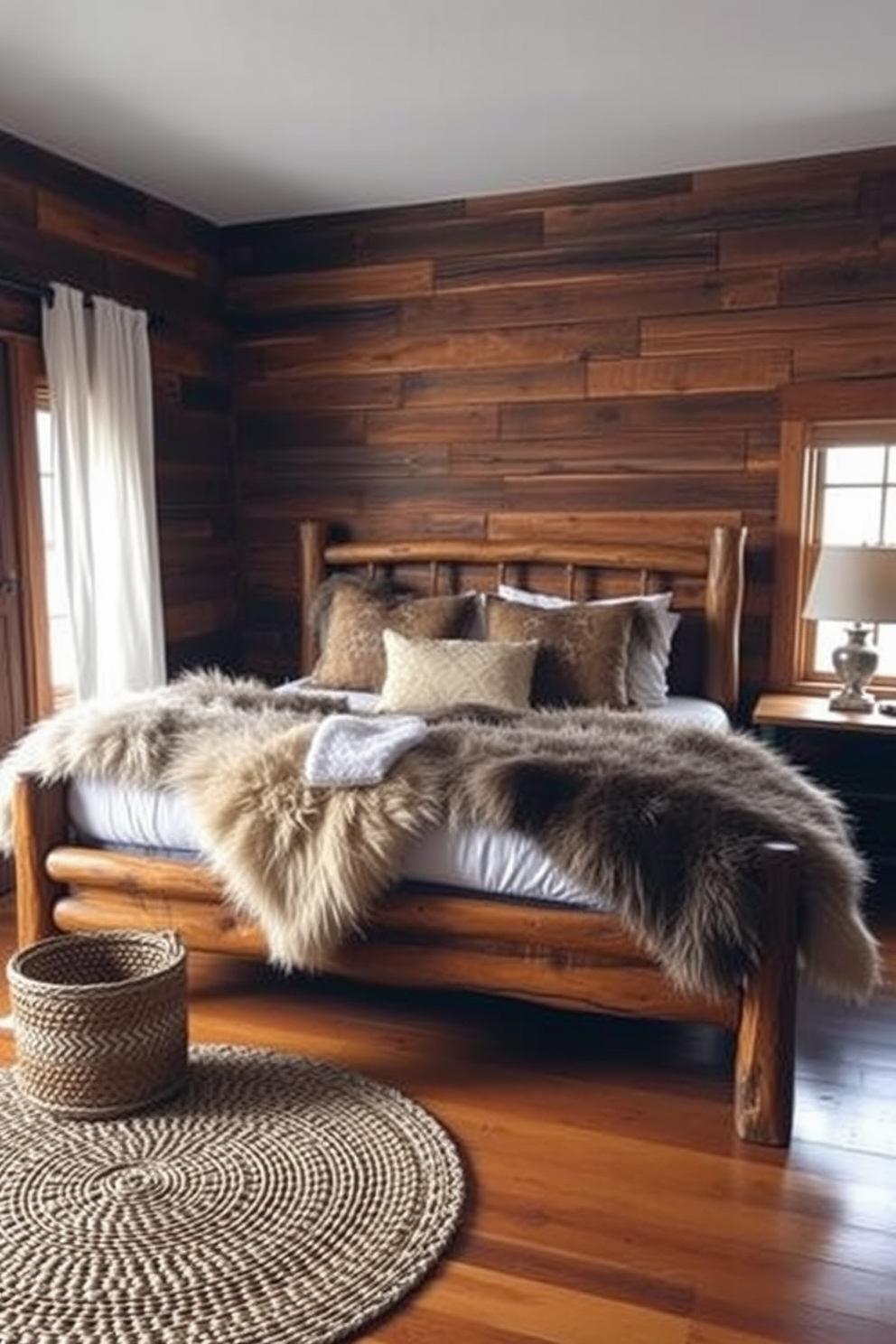 A cozy rustic bedroom featuring a wooden bed frame adorned with faux fur throws for added warmth. The walls are clad in reclaimed wood, and a woven rug lies on the hardwood floor, enhancing the inviting atmosphere.