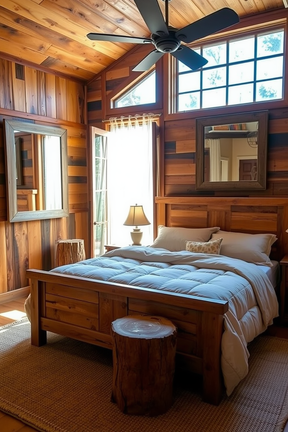 A cozy rustic bedroom featuring a wooden bed frame with a plush, oversized quilt. The walls are adorned with reclaimed wood panels, and large rustic mirrors are strategically placed to enhance light and create a sense of space. Natural light floods the room through a pair of vintage windows, illuminating a bedside table made from a tree stump. A woven rug lies beneath the bed, complementing the earthy tones of the decor and adding warmth to the overall ambiance.