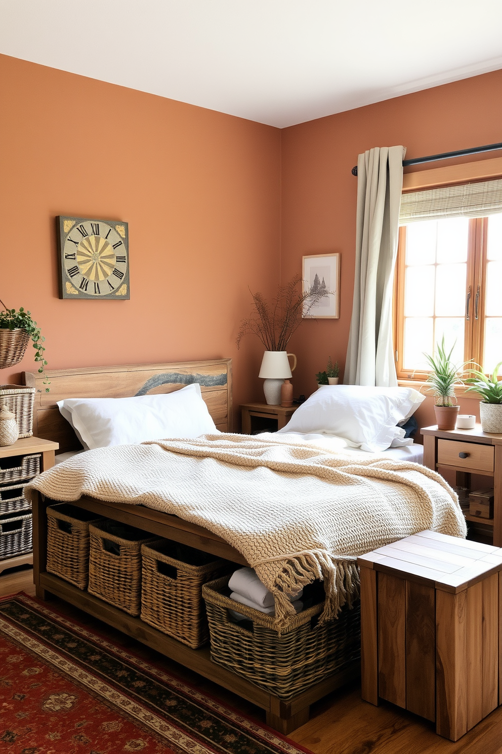 A cozy rustic bedroom featuring a cedar chest at the foot of a large wooden bed. The walls are adorned with reclaimed wood panels and the floor is covered with a soft area rug in earthy tones. Natural light streams in through large windows dressed with linen curtains. A bedside table made of distressed wood holds a vintage lamp and a stack of books, creating an inviting atmosphere.