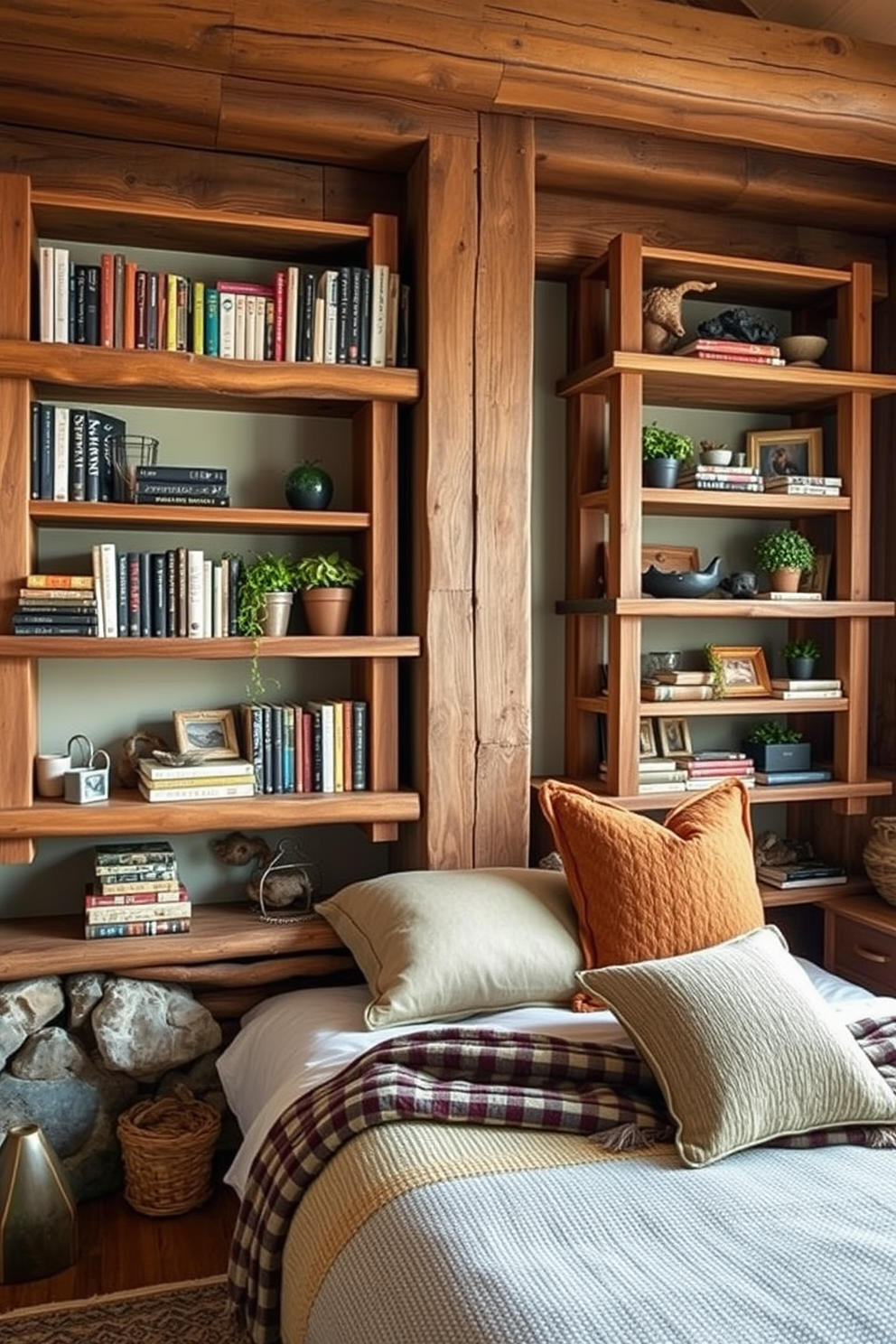 A rustic bedroom featuring reclaimed barn doors as a room divider. The space showcases a cozy bed with a textured quilt, surrounded by wooden beams and warm ambient lighting.