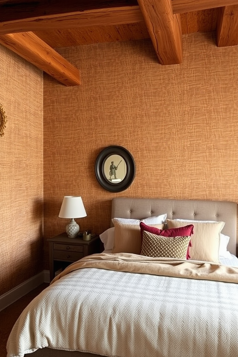 A cozy rustic bedroom featuring textured wallpaper that adds depth to the space. The walls are adorned with a warm, earthy-toned wallpaper, complemented by wooden beams on the ceiling and a plush, oversized bed with layered bedding.