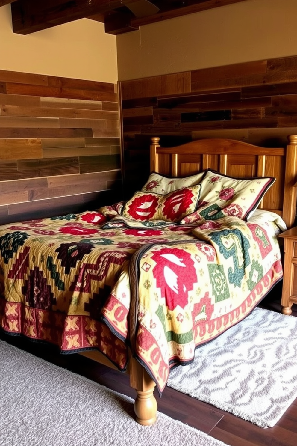 A rustic bedroom featuring vintage quilts draped over a wooden bed frame. The walls are adorned with reclaimed wood panels, and a soft area rug lies beneath the bed to enhance the cozy atmosphere.