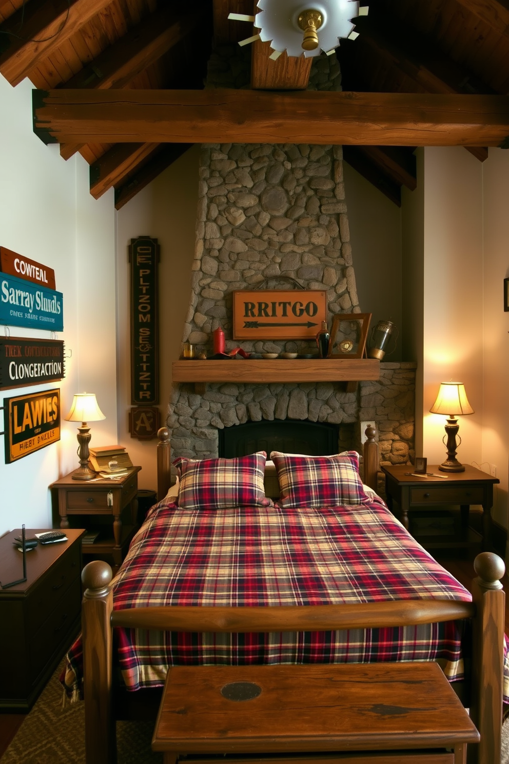 A cozy rustic bedroom featuring reclaimed wood beams and a stone fireplace. The walls are adorned with vintage signs that evoke a nostalgic vibe, complementing the warm tones of the wooden furniture. The bed is dressed in a plaid duvet and surrounded by mismatched nightstands. Soft lighting from antique lamps creates an inviting atmosphere, enhancing the overall charm of the space.