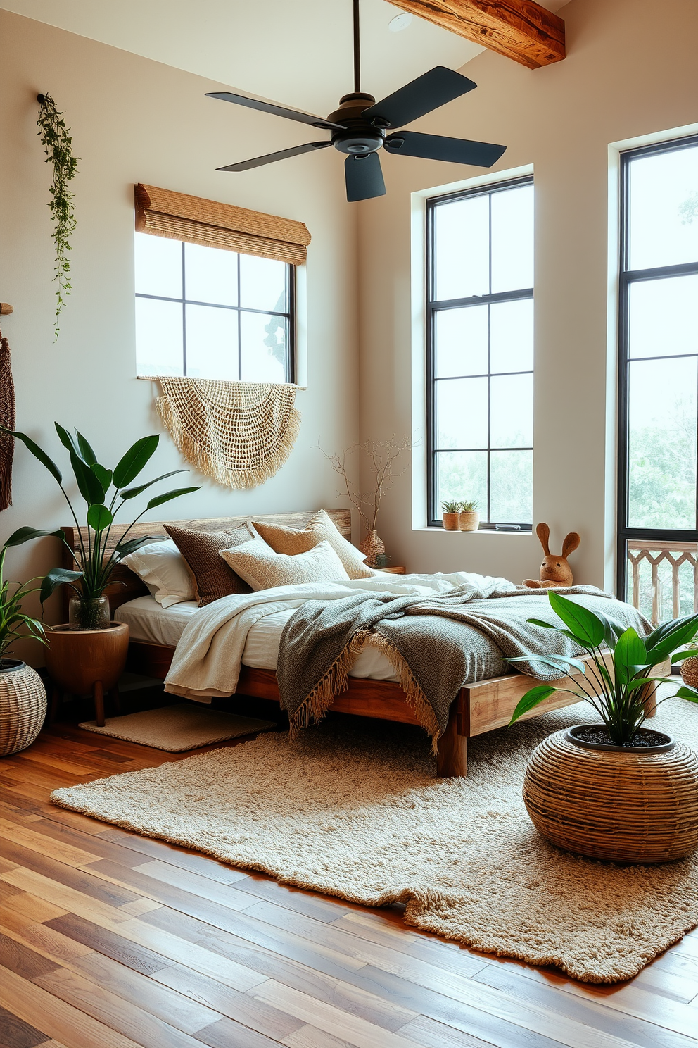 A rustic bedroom features a stone fireplace as the focal point, surrounded by reclaimed wood beams that add warmth to the space. The room is adorned with cozy textiles, including a plaid throw blanket draped over a large wooden bed frame and a pair of vintage armchairs positioned near the fireplace.