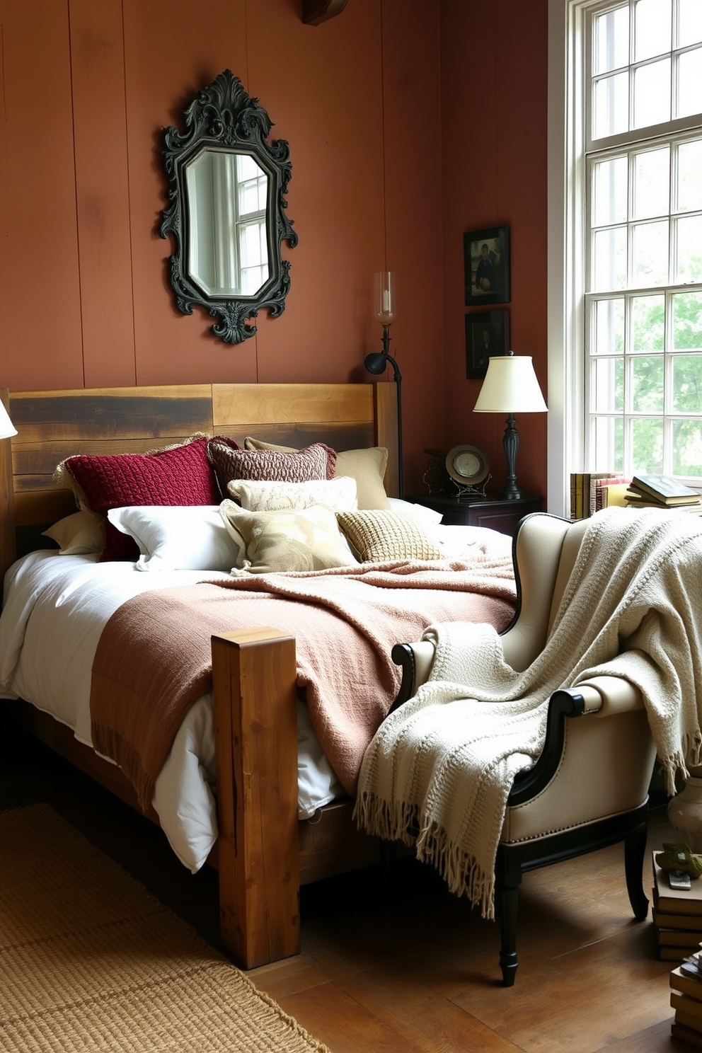 A rustic bedroom featuring a reclaimed wood bed frame adorned with a plush white comforter and an array of textured throw pillows. The walls are lined with warm, earthy tones, and vintage decor pieces, such as an ornate mirror and antique bedside tables, enhance the room's character. A cozy reading nook is created with a vintage armchair positioned near a window, draped with a soft wool blanket. The floor is covered with a woven area rug, and a collection of antique books is artfully arranged on a nearby shelf.