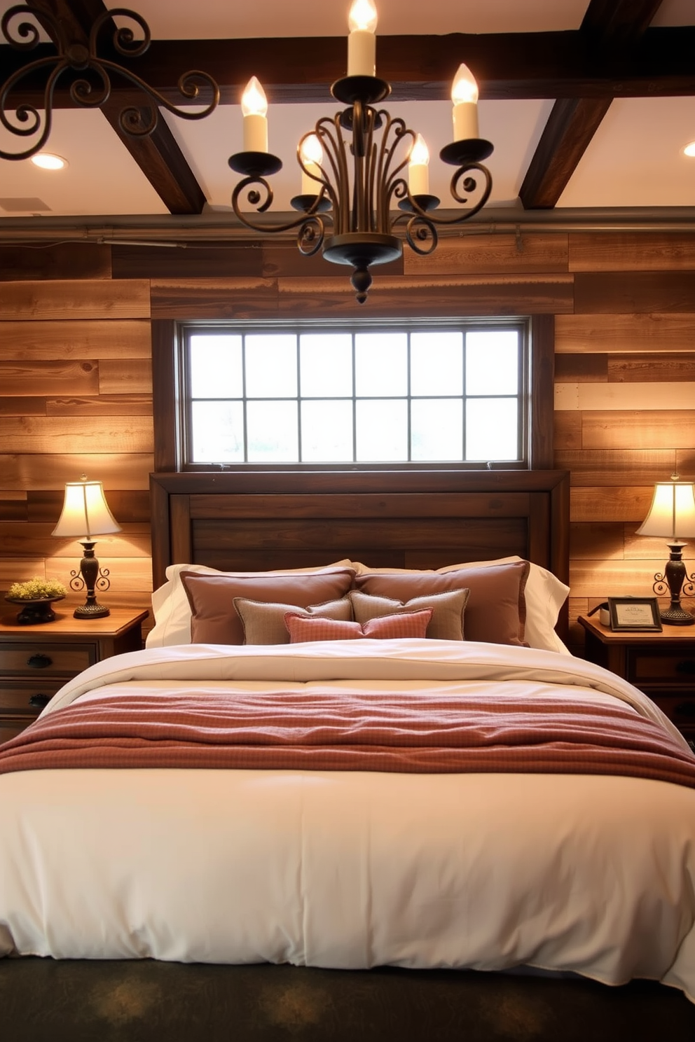 A rustic bedroom featuring soft lighting that creates a warm and inviting atmosphere. The room includes wrought iron fixtures that add a touch of elegance and charm to the overall design. The walls are adorned with reclaimed wood panels, enhancing the cozy and natural feel of the space. A large, plush bed with layered bedding in earthy tones sits at the center, complemented by vintage wooden nightstands on either side.