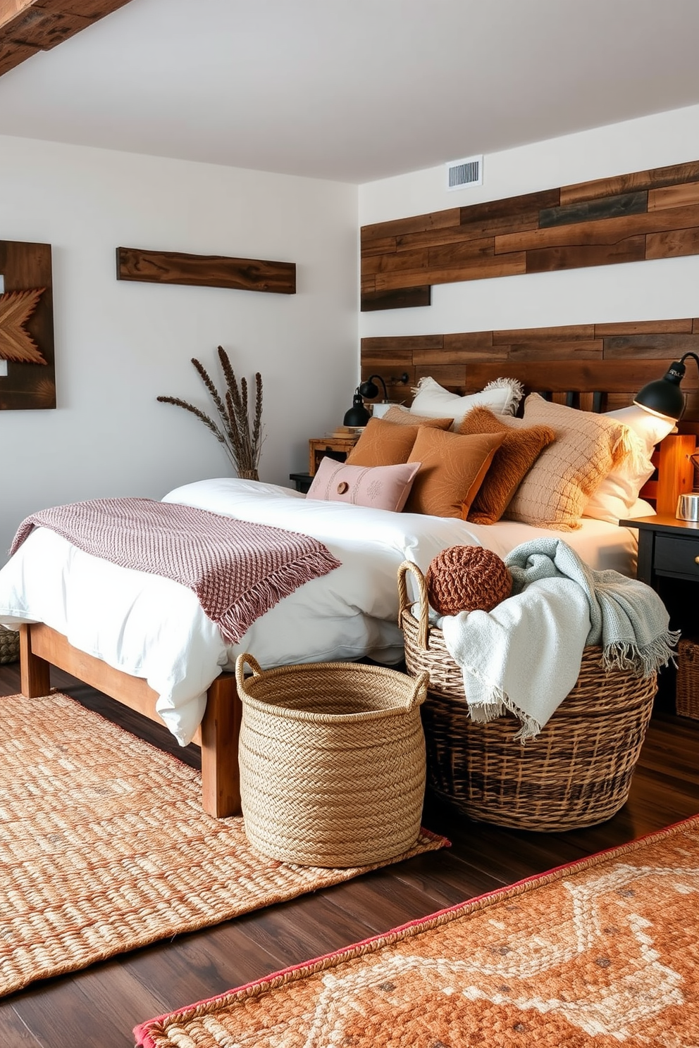 A cozy rustic bedroom with natural fiber rugs that add warmth and texture to the space. The room features a wooden bed frame with a plush white comforter and an assortment of earthy-toned throw pillows. A large woven basket sits in the corner, filled with extra blankets for added comfort. The walls are adorned with reclaimed wood accents, and soft lighting creates an inviting atmosphere.