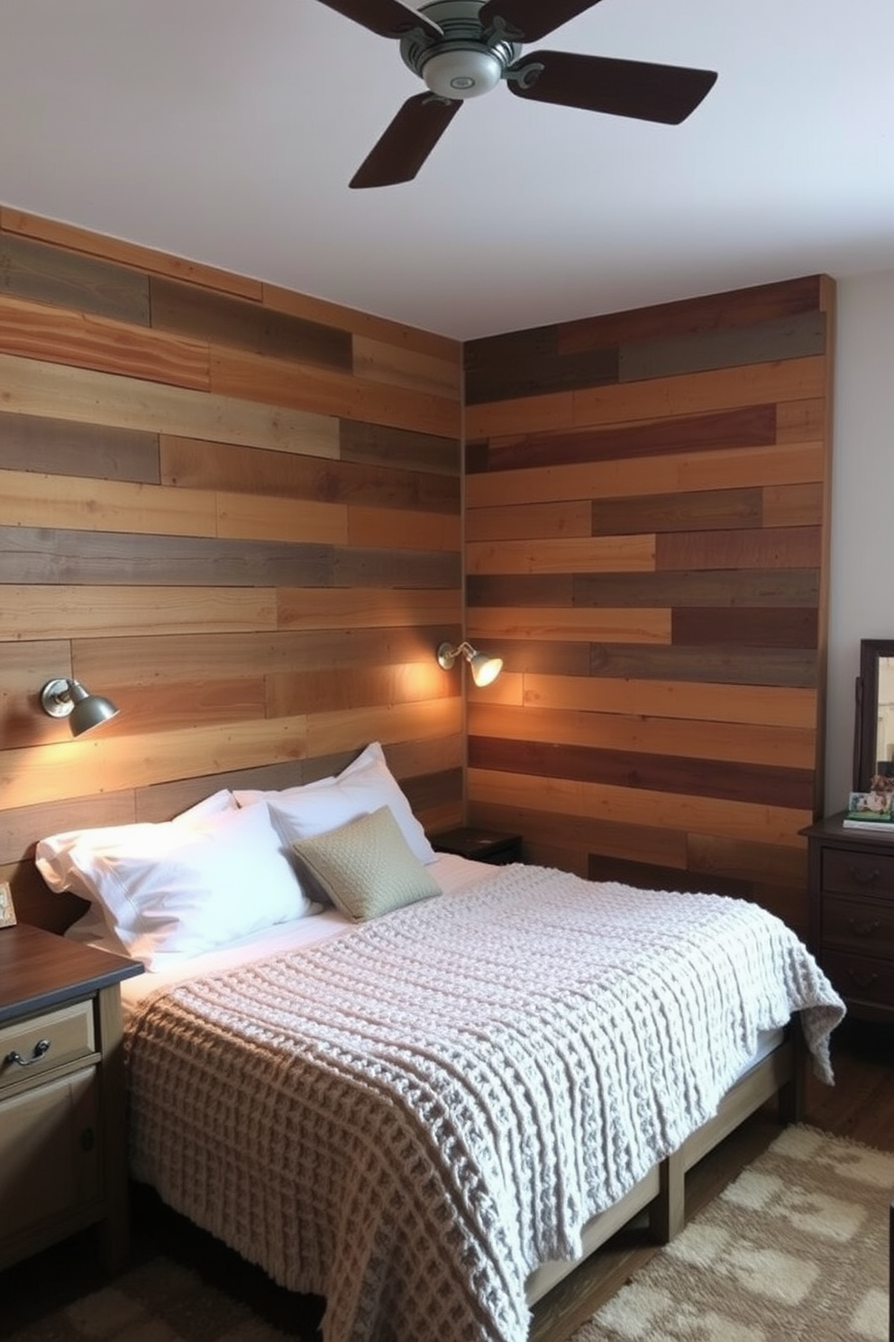 A rustic bedroom featuring a pallet wood wall as a backdrop creates a warm and inviting atmosphere. The room includes a cozy bed with a chunky knitted blanket, surrounded by vintage wooden furniture and soft, ambient lighting.