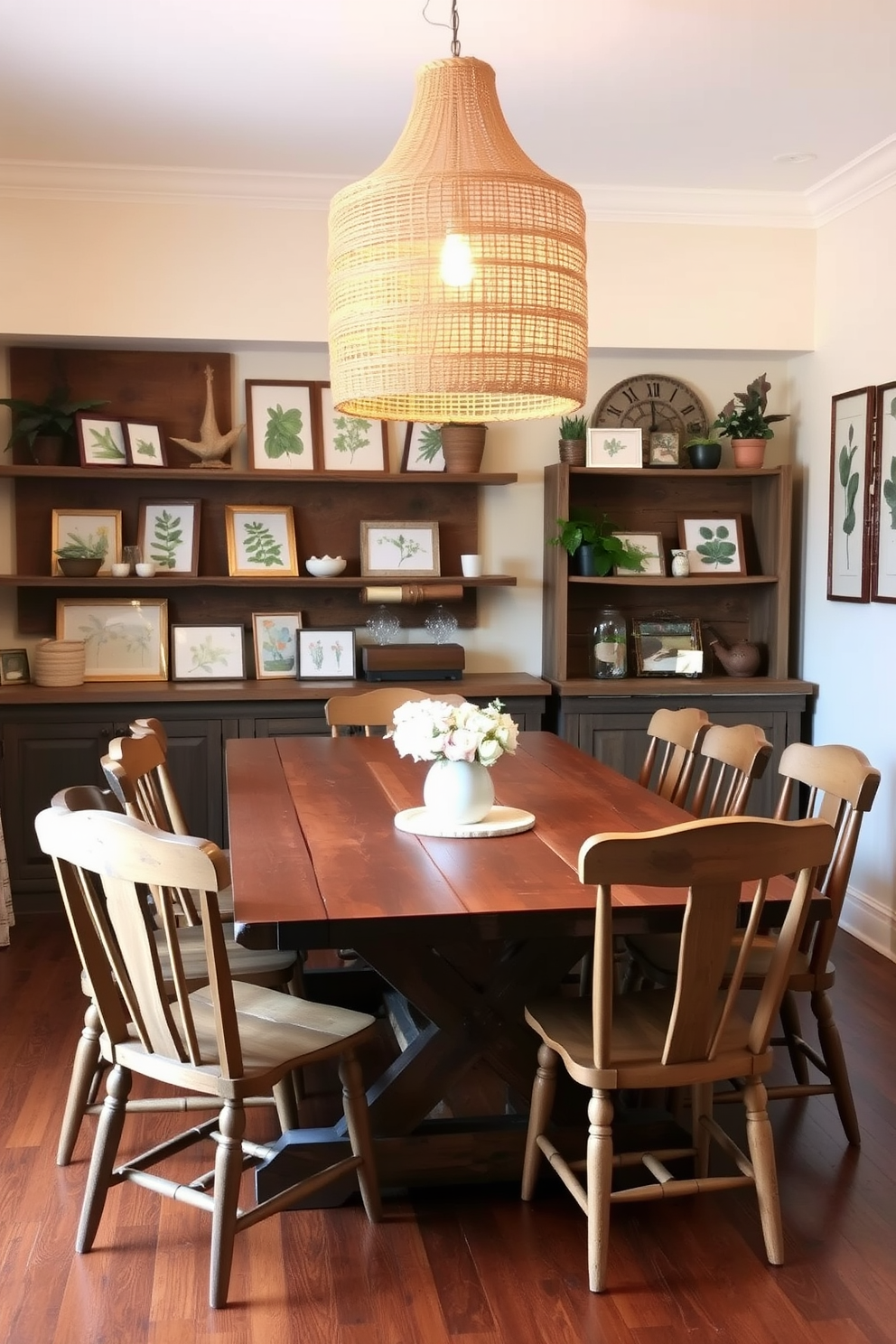 A reclaimed wood dining table serves as the centerpiece of a cozy rustic dining room. Surrounding the table are mismatched wooden chairs that add charm and character to the space. The walls are adorned with exposed brick, enhancing the room's warmth and inviting atmosphere. Soft, ambient lighting from wrought iron fixtures creates a welcoming glow, perfect for family gatherings.