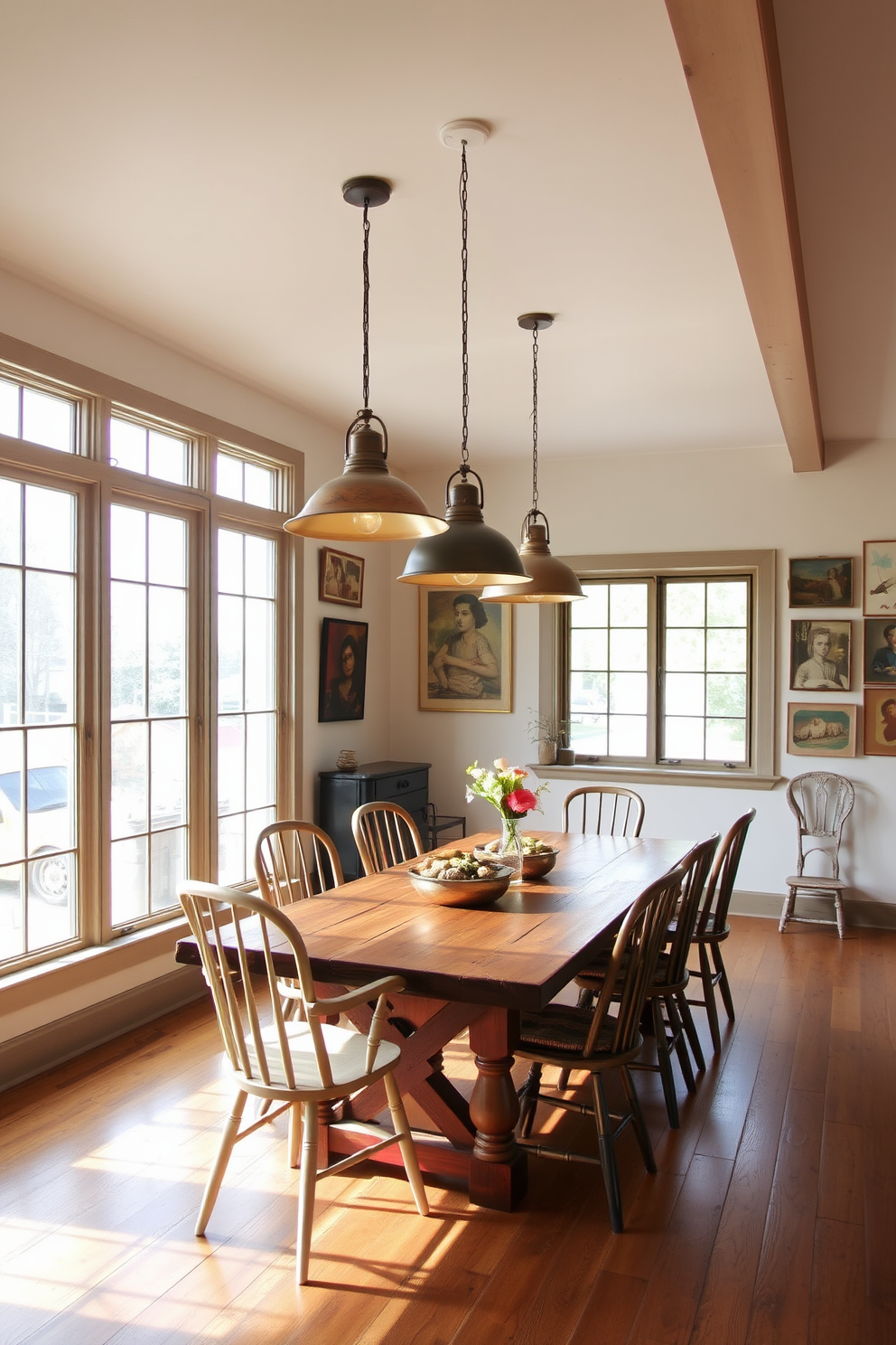 A cozy rustic dining room features a large wooden table surrounded by mismatched chairs upholstered in soft, textured fabrics. The table is adorned with a layered table runner and a centerpiece of seasonal flowers in a vintage vase. The walls are clad in reclaimed wood, creating a warm and inviting atmosphere. Soft lighting from pendant fixtures hangs above, casting a gentle glow on the space filled with woven baskets and rustic decor elements.