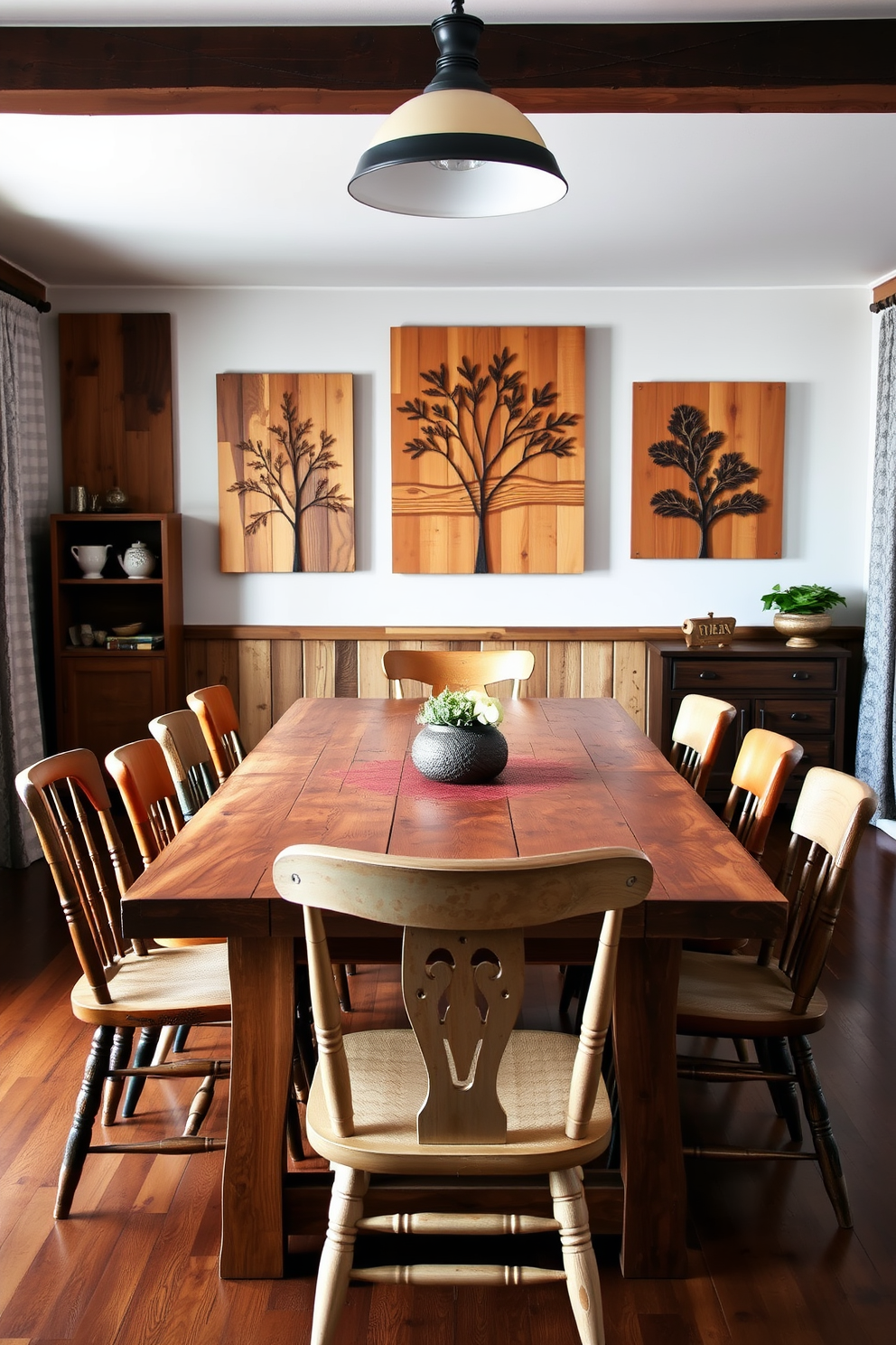 A rustic dining room features a large wooden table surrounded by mismatched chairs that add character. The walls are adorned with wooden wall art showcasing nature-inspired designs to enhance the warm ambiance.