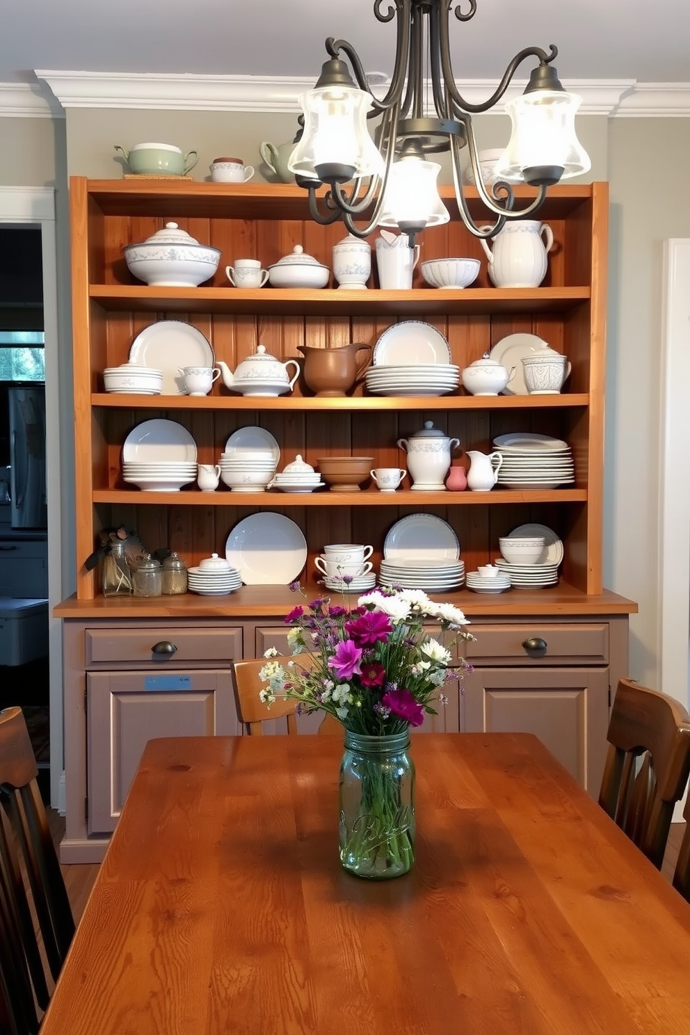 Open shelving adorned with a curated collection of vintage dishware creates a charming focal point in the dining area. The warm wood tones of the shelves complement the natural textures found in the rustic dining table and chairs. A centerpiece of wildflowers in a mason jar adds a touch of whimsy to the table setting. Soft, ambient lighting from a wrought iron chandelier enhances the cozy atmosphere, inviting gatherings with family and friends.