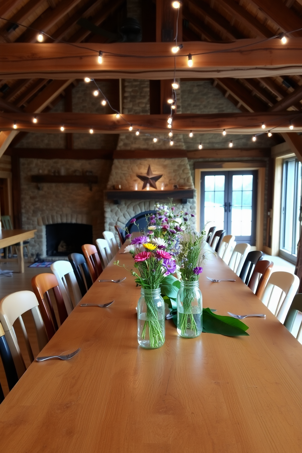 Mason jars filled with wildflowers serve as charming centerpieces on a long wooden dining table. The table is surrounded by mismatched chairs, creating a relaxed and inviting atmosphere. Soft string lights are draped overhead, casting a warm glow across the room. Exposed wooden beams and a stone fireplace enhance the rustic charm of the dining area.