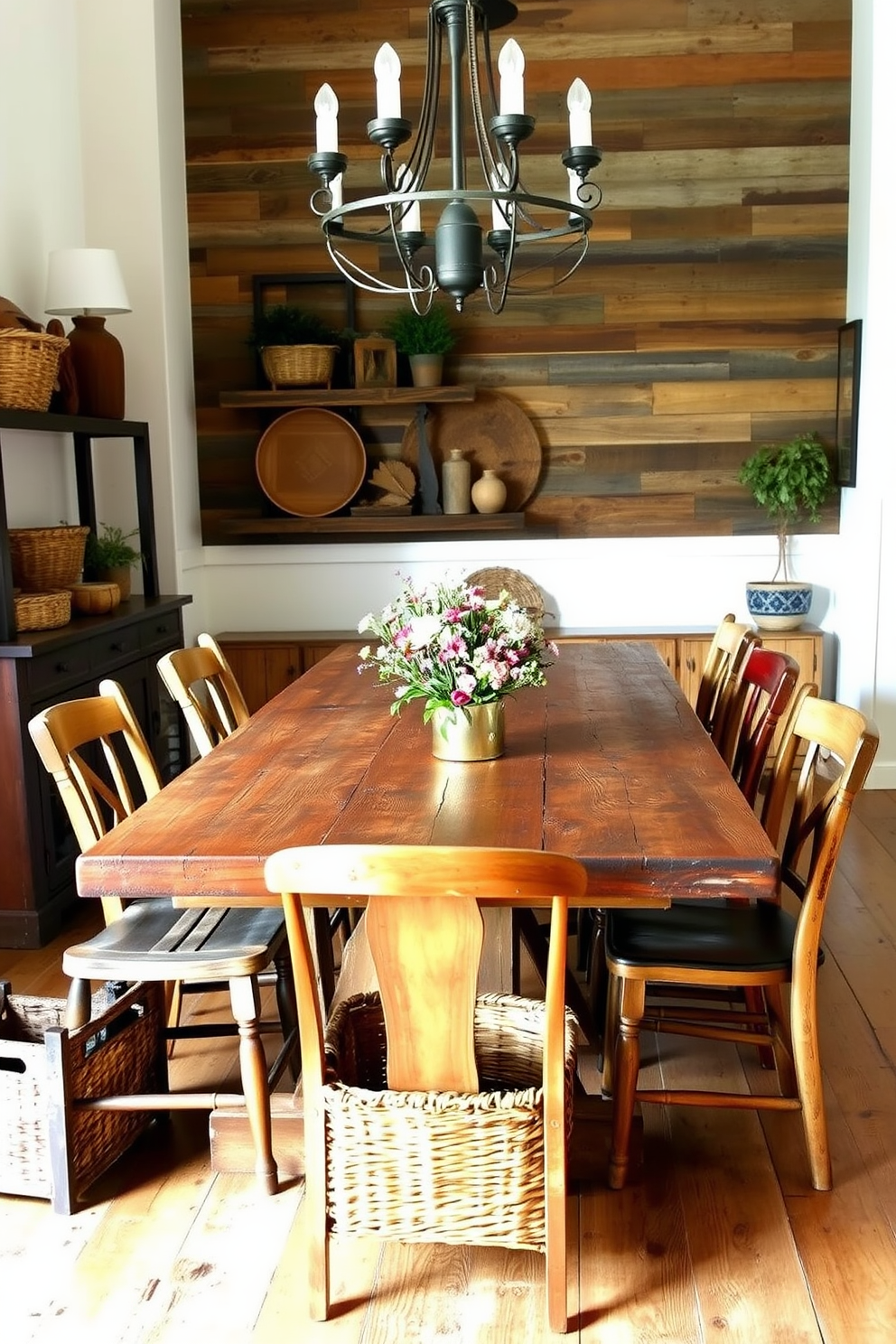 A rustic dining room features a large wooden table with a weathered finish surrounded by mismatched chairs that add character. Woven baskets are placed on shelves and under the table, providing both storage and a touch of warmth to the space. The walls are adorned with reclaimed wood paneling, and a vintage chandelier hangs above the table, casting a soft glow. Natural elements like potted plants and a simple centerpiece of wildflowers enhance the inviting atmosphere.