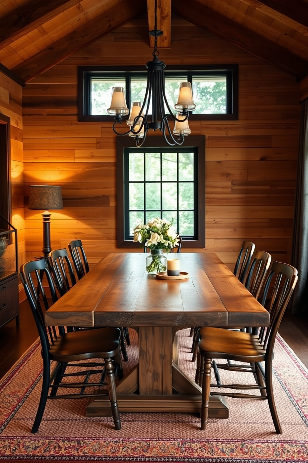 A rustic dining room featuring a large reclaimed wood table surrounded by mismatched chairs that blend modern and vintage styles. Soft, warm lighting hangs from a wrought iron chandelier, illuminating the space filled with potted plants and natural textures.