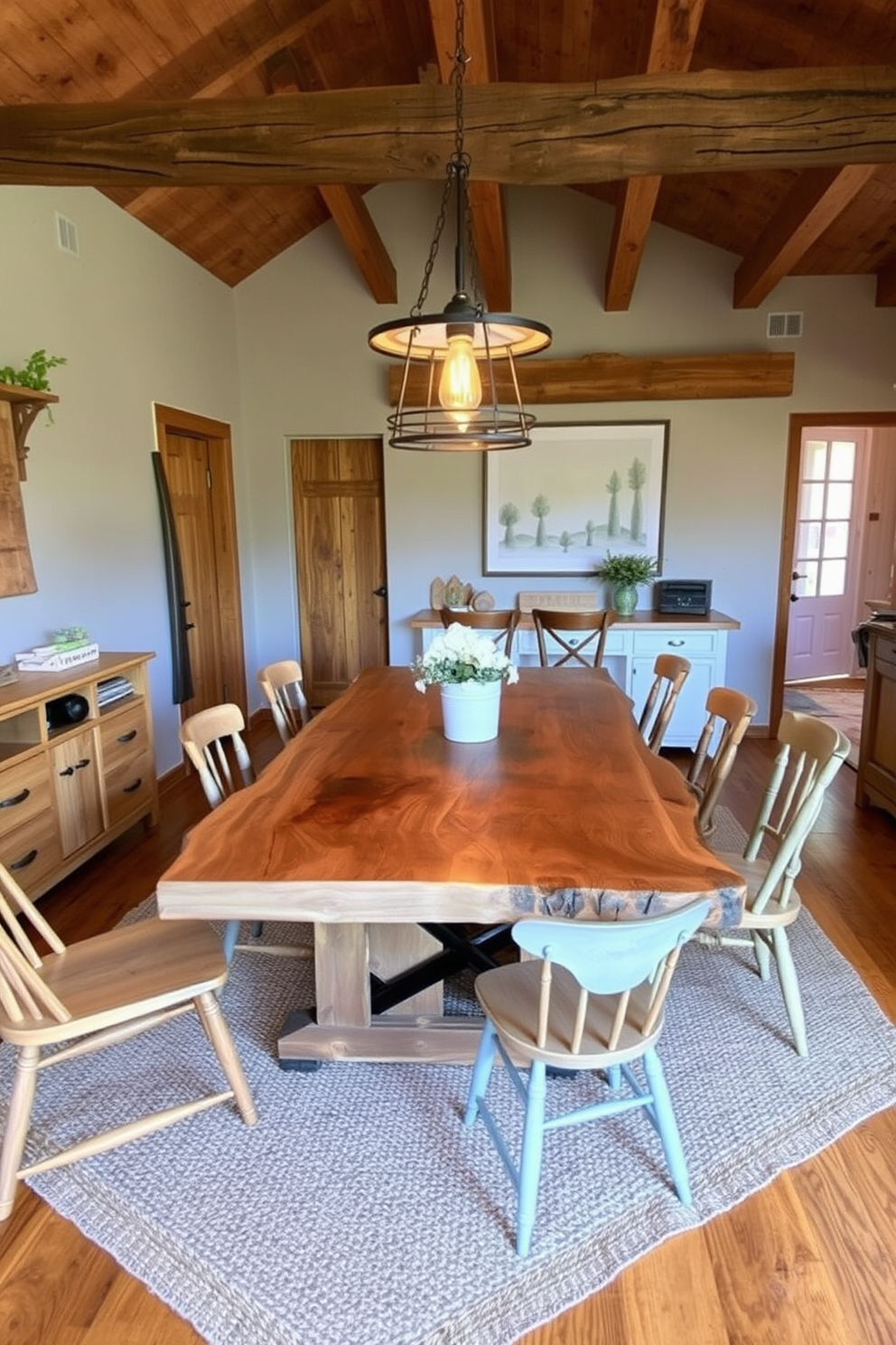 A rustic dining room features a large wooden table with a weathered finish surrounded by mismatched chairs that add character. Above, rustic pendant lights hang from exposed beams, casting a warm glow over the space and enhancing the cozy atmosphere. The walls are adorned with reclaimed wood paneling, creating a charming backdrop for the dining area. A woven rug lies beneath the table, adding texture and warmth to the floor while complementing the overall rustic aesthetic.