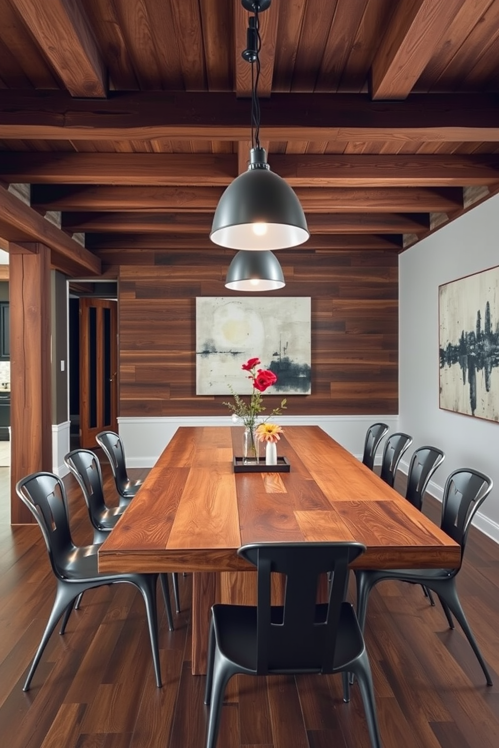 A rustic dining room features a large wooden table surrounded by mismatched chairs that add character and charm. Textured rugs in warm earth tones are layered underneath the table, creating a cozy and inviting atmosphere.