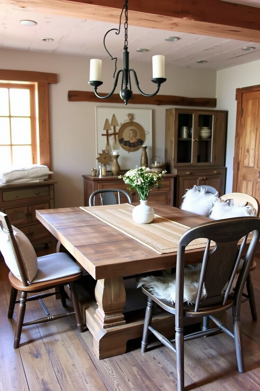 A rustic dining room features a large wooden table surrounded by mismatched chairs that evoke a cozy, lived-in feel. Hanging plants cascade from the ceiling, adding a vibrant touch of greenery and enhancing the warmth of the space.