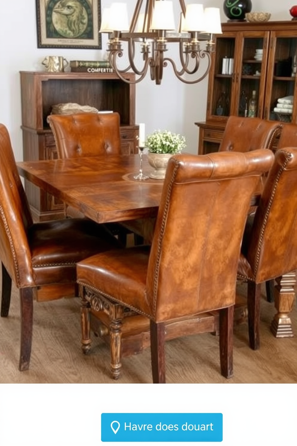 A rustic dining room features distressed leather dining chairs that exude comfort and style. The warm wooden table is surrounded by these inviting chairs, creating a cozy atmosphere for family gatherings.