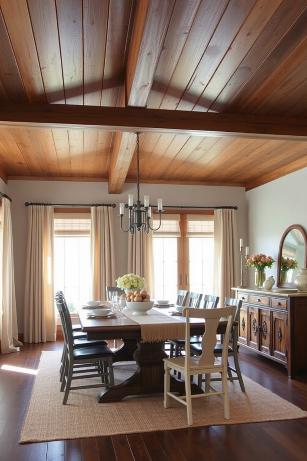 Create a cozy rustic dining room featuring wooden beams across the ceiling and a large farmhouse table surrounded by mismatched chairs. The window treatments consist of natural linen curtains that gently filter the sunlight, enhancing the warm ambiance of the space. Incorporate elements like a woven table runner and ceramic dishware to emphasize the rustic charm. A vintage sideboard against the wall displays decorative items and fresh flowers, adding character to the room.