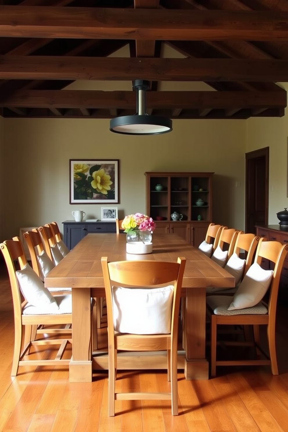 Wooden dining chairs with soft cushions surround a large farmhouse table made of reclaimed wood. The room features exposed beams and a warm color palette, creating a cozy atmosphere perfect for family gatherings.