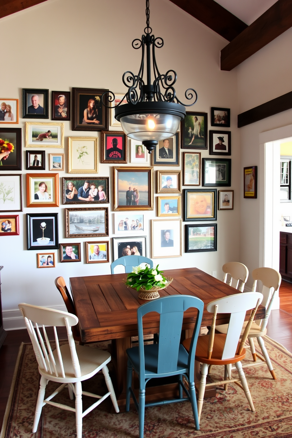 A gallery wall adorned with a mix of family photos and vibrant artwork creates a warm and inviting atmosphere. The frames vary in size and style, showcasing cherished memories and artistic flair. The rustic dining room features a large reclaimed wood table surrounded by mismatched chairs for a cozy feel. Soft, ambient lighting from a wrought iron chandelier enhances the charm of the space, complemented by a vintage area rug beneath the table.