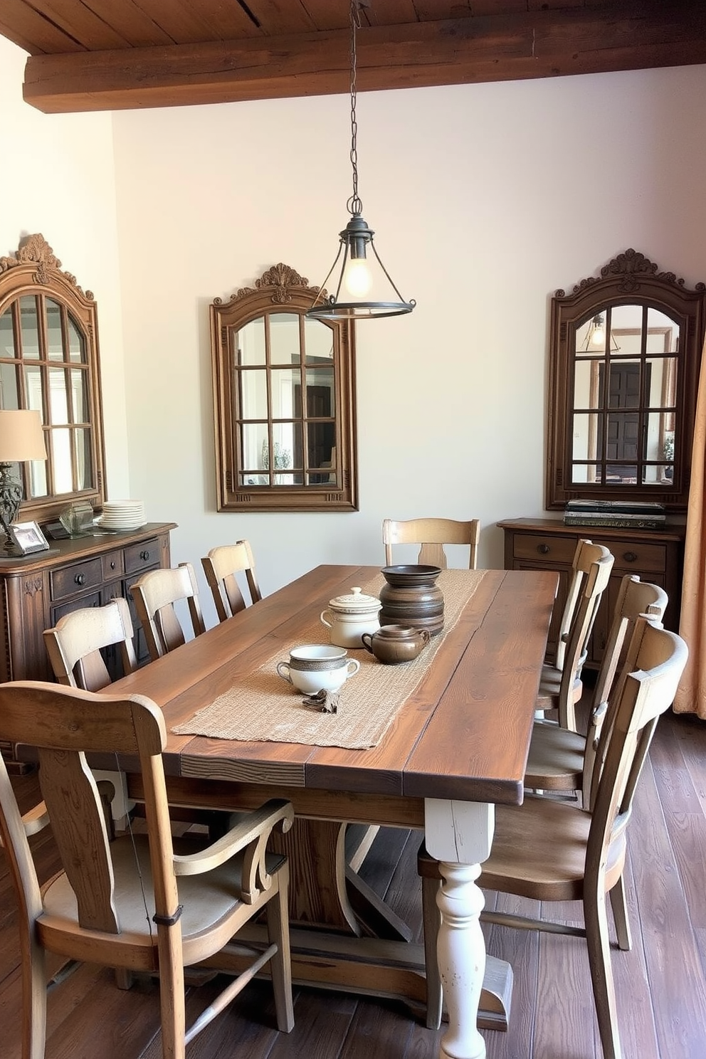 A rustic dining room features a large wooden table with a distressed finish surrounded by mismatched chairs. Vintage mirrors are strategically placed on the walls to enhance light reflection and create an inviting atmosphere. The room is adorned with warm, earthy tones and natural textures, including a woven table runner and ceramic dishware. Soft pendant lighting hangs above the table, adding to the cozy, rustic charm of the space.