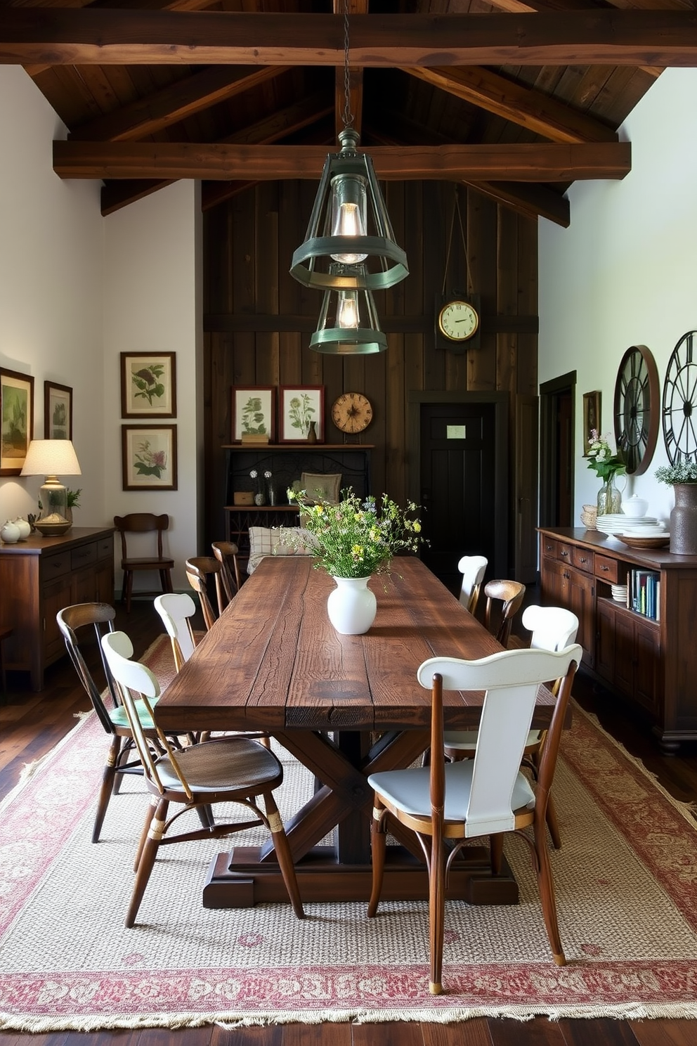 A rustic dining room featuring a large reclaimed wood table surrounded by mismatched chairs. The room is illuminated by farm-style light fixtures hanging from a wooden beam ceiling, adding warmth and character to the space. The walls are adorned with vintage farmhouse decor, including framed botanical prints and a large clock. A cozy area rug anchors the setting, while a sideboard displays rustic dishware and a bouquet of wildflowers.