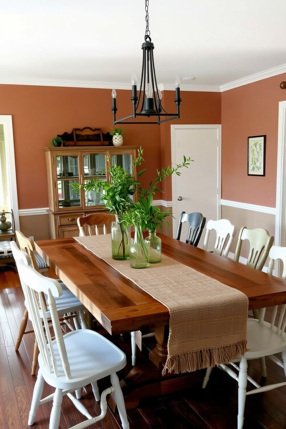 A rustic dining room features a large wooden table surrounded by mismatched chairs that add character. The table is adorned with burlap table runners that bring a natural, earthy feel to the space. The walls are painted in warm, neutral tones, complemented by vintage-inspired light fixtures hanging above. Fresh greenery in simple vases enhances the inviting atmosphere, making it perfect for gatherings.