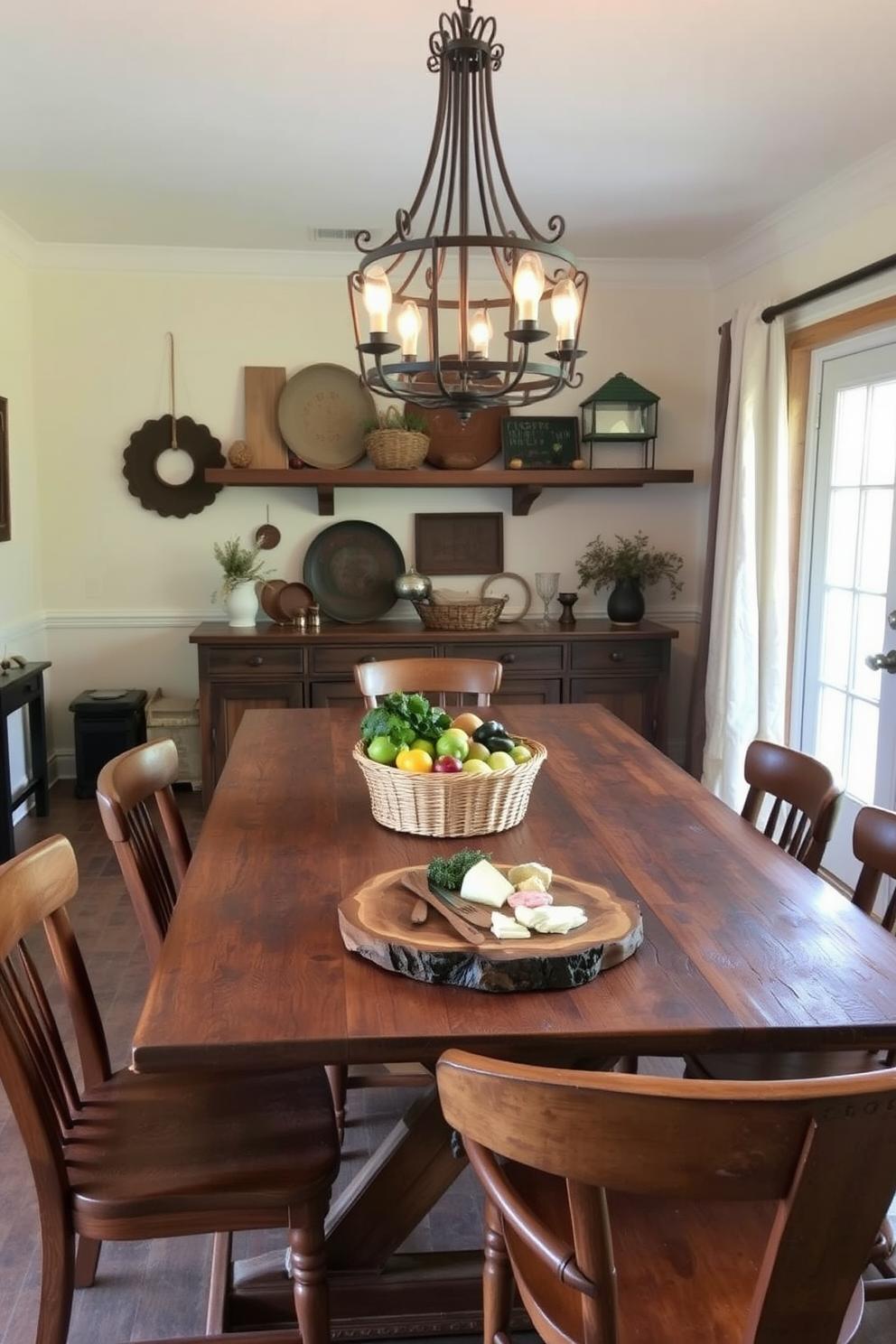 A rustic dining room features a large wooden table made from reclaimed wood surrounded by mismatched chairs in various shades of brown. The walls are adorned with vintage farmhouse decor, and a woven basket filled with fresh produce sits as a centerpiece on the table. Wood slab serving boards are elegantly displayed on the table, showcasing artisanal cheeses and charcuterie. Soft, ambient lighting from a wrought-iron chandelier creates a warm and inviting atmosphere perfect for gatherings.