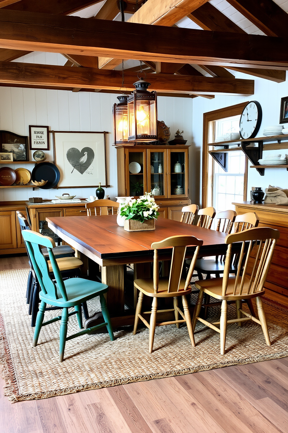 A rustic dining room features a large wooden table made from reclaimed barn wood surrounded by mismatched chairs for a cozy, inviting atmosphere. Above the table, several rustic lanterns hang from a wooden beam, casting a warm, ambient glow throughout the space. The walls are adorned with vintage farmhouse decor, including framed art and shelves filled with rustic dishware. A woven rug lies beneath the table, adding texture and comfort to the room while enhancing the overall rustic charm.