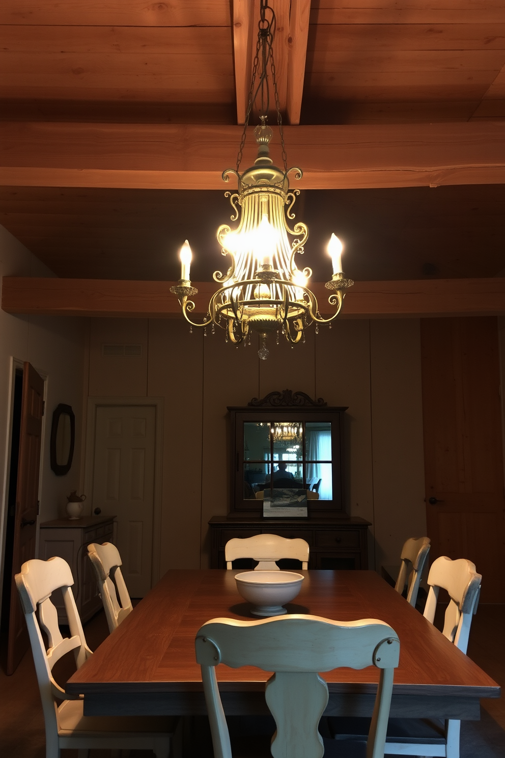 Antique chandelier with intricate detailing hanging gracefully from the ceiling. The warm glow of the chandelier illuminates a rustic wooden dining table surrounded by mismatched chairs, creating an inviting atmosphere. Weathered wooden beams cross the ceiling, enhancing the vintage charm of the space. Soft, earthy tones in the decor complement the rich textures of the table and chairs, making the room feel cozy and welcoming.