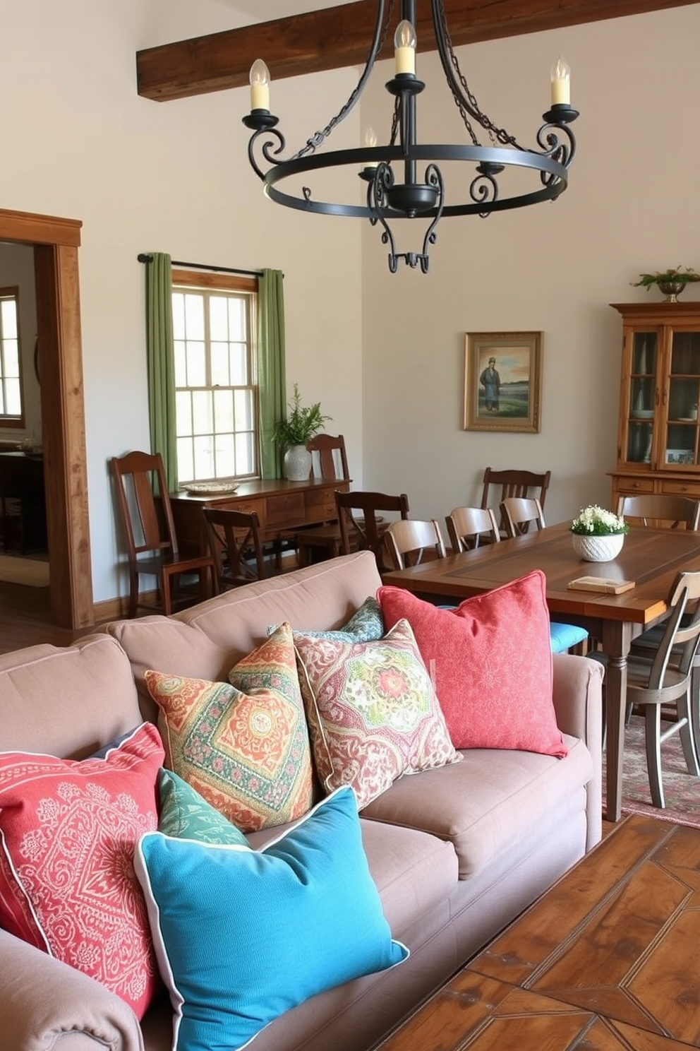 A rustic dining room featuring a large wooden table surrounded by mismatched chairs. Soft ambient lighting is created by an array of candles placed on the table and along the windowsills, casting a warm glow throughout the space. The walls are adorned with reclaimed wood panels, and a vintage chandelier hangs from the ceiling. Natural elements like potted plants and woven baskets add to the cozy, inviting atmosphere.