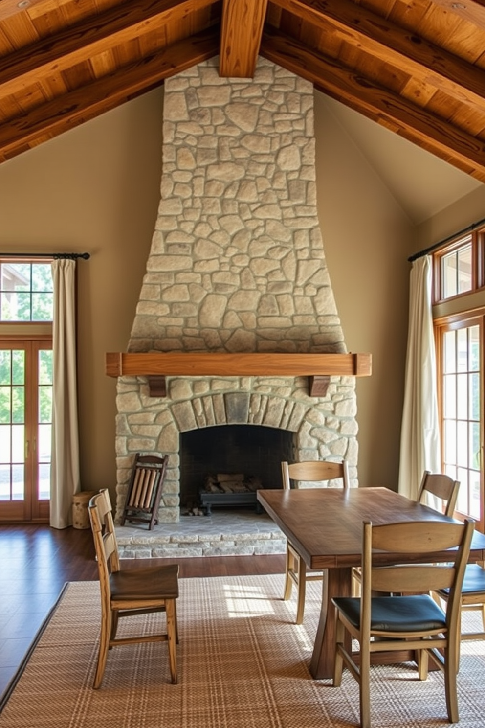 A rustic dining room features a stunning stone fireplace that serves as the focal point of the space. Surrounding the fireplace, there are wooden beams on the ceiling and a large wooden dining table with mismatched chairs for a cozy, inviting atmosphere. Natural light floods the room through large windows adorned with simple linen curtains. The walls are painted in a warm earth tone, and a woven rug lies beneath the table, adding texture and warmth to the overall design.