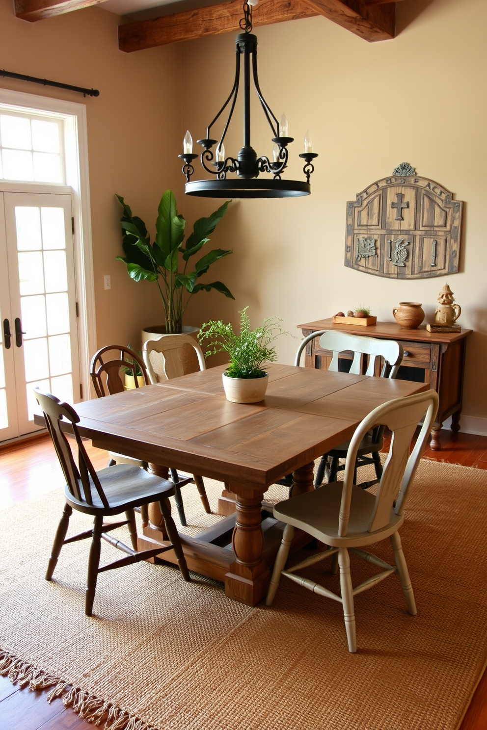 A rustic dining room features a large wooden table with a distressed finish surrounded by mismatched chairs that add character. The floor is adorned with a natural fiber rug that brings warmth and texture, complementing the earthy tones of the room. The walls are painted in a soft beige, creating a cozy backdrop for the decor. Above the table, a wrought iron chandelier hangs, casting a warm glow over the space, while potted plants in the corners enhance the rustic charm.