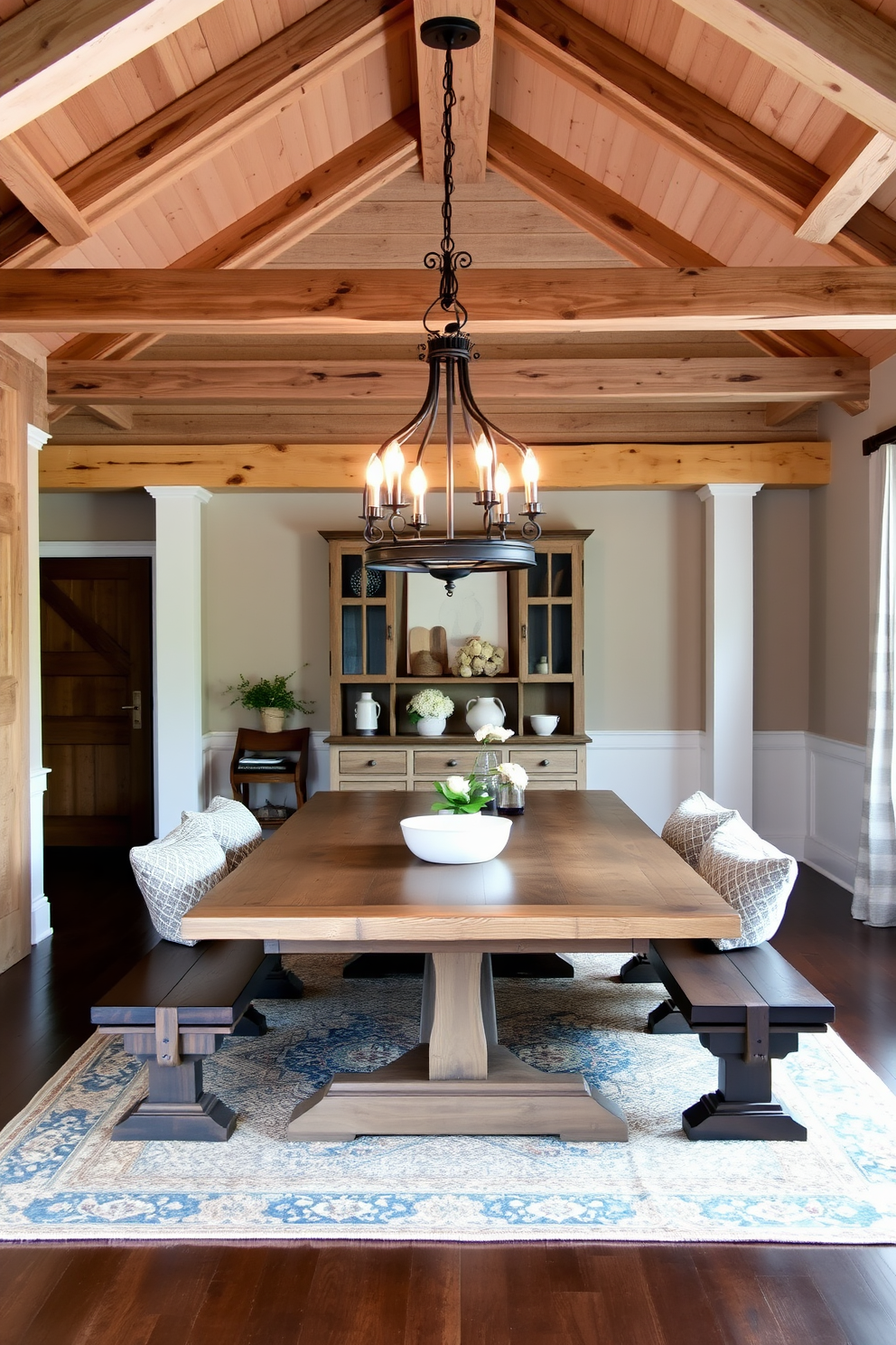 A charming farmhouse style dining room features a large wooden table with a weathered finish surrounded by comfortable bench seating. The room is illuminated by a wrought iron chandelier hanging above the table, creating a warm and inviting atmosphere. Exposed wooden beams line the ceiling, adding character to the space while softening the overall look. A cozy area rug beneath the table complements the rustic decor, enhancing the inviting feel of the room.