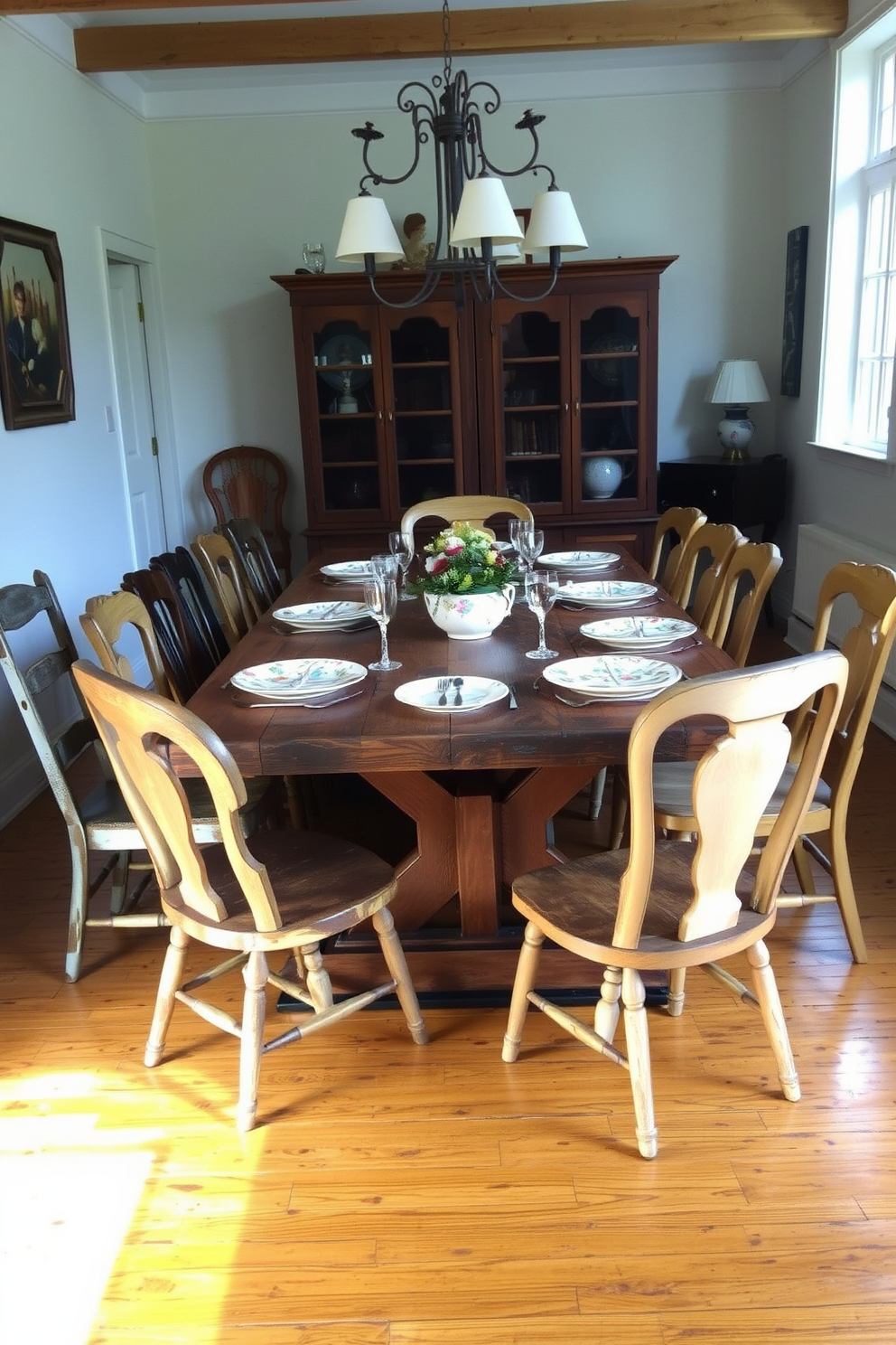 A rustic dining room features a large reclaimed wood table surrounded by mismatched chairs that add character and warmth. The table is set with vintage tableware, including floral-patterned plates and antique silverware, creating a nostalgic and inviting atmosphere.