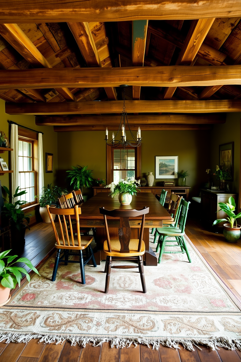 A rustic dining room featuring a large wooden table with a distressed finish surrounded by mismatched chairs. Woven baskets are strategically placed around the room, serving as both storage solutions and decorative accents. The walls are adorned with reclaimed wood paneling, adding warmth and texture to the space. A cozy area rug lies beneath the table, complementing the earthy tones of the baskets and the overall rustic aesthetic.