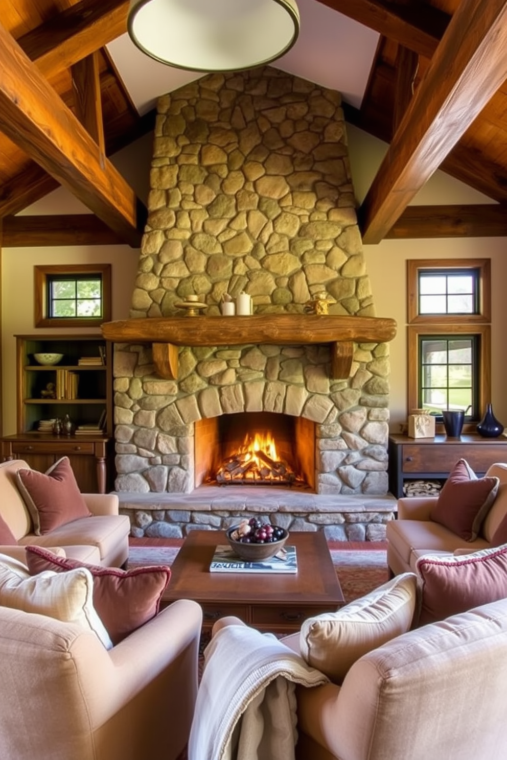 Cozy stone fireplace as focal point. The room features a large, inviting stone fireplace surrounded by comfortable seating and warm lighting. Rustic family room design ideas. The space includes wooden beams on the ceiling, a mix of vintage and modern furniture, and earthy tones throughout the decor.