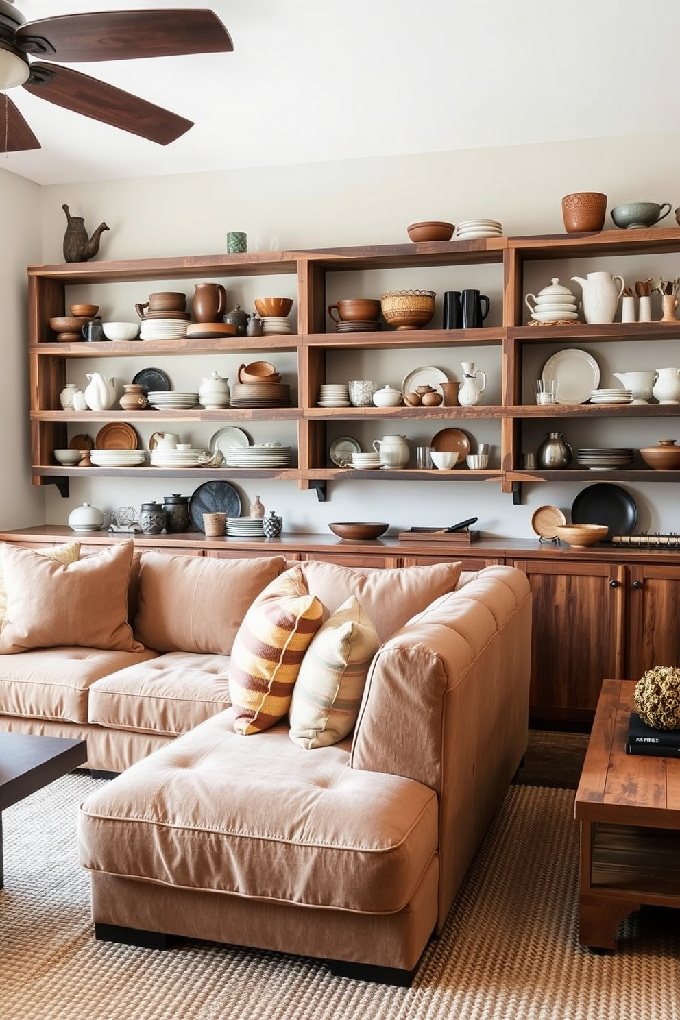 Open shelving adorned with an array of rustic dishware creates a warm and inviting atmosphere in the family room. The shelves are crafted from reclaimed wood, showcasing an eclectic mix of ceramic and glass pieces that reflect a cozy, lived-in charm. A comfortable seating arrangement features a large, plush sectional sofa in earthy tones, complemented by oversized throw pillows. The room is accented with a reclaimed wood coffee table and a soft woven rug that ties the space together.