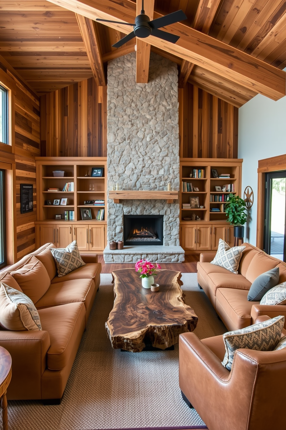 A cozy family room featuring natural wood accents throughout the space. The walls are adorned with reclaimed wood paneling and the ceiling showcases exposed wooden beams. A large sectional sofa in warm earth tones is positioned around a rustic coffee table made from a single slab of wood. A stone fireplace serves as the focal point, surrounded by built-in shelves filled with family photos and books.