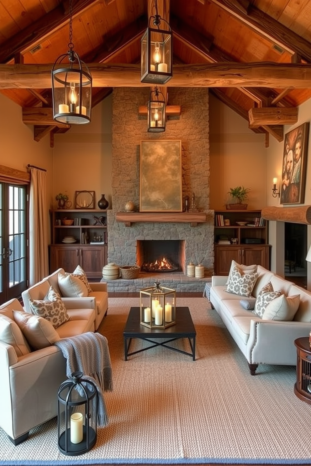 A cozy family room with large windows allowing ample natural light to flood the space. The room features a stone fireplace as a focal point, surrounded by comfortable seating in warm, earthy tones. Rustic wooden beams traverse the ceiling, enhancing the room's charm. A large area rug with a subtle pattern anchors the seating arrangement, while decorative pillows add a pop of color.