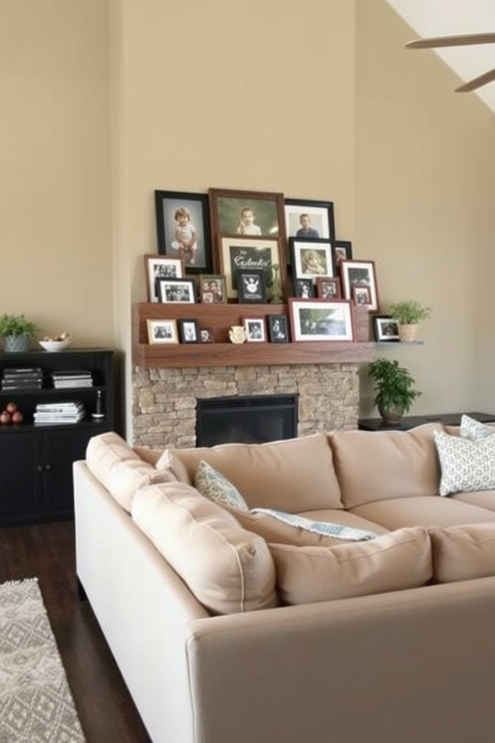 A cozy family room featuring a reclaimed wood mantel adorned with cherished family photos. The walls are painted in soft beige, and a large, inviting sectional sofa is placed in front of a stone fireplace.