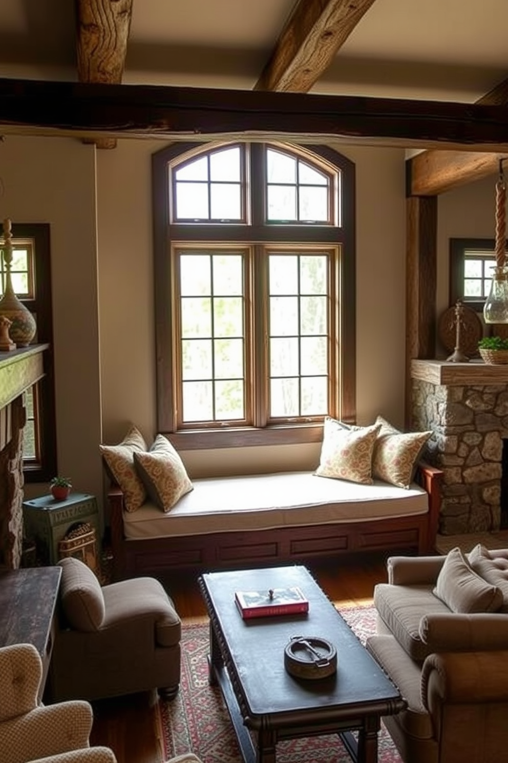 Charming window seat with plush cushions. The seat is framed by large windows that allow natural light to flood the space, creating a cozy nook perfect for reading or relaxing. Rustic family room design ideas. The room features exposed wooden beams, a stone fireplace, and a mix of vintage furniture pieces that evoke a warm and inviting atmosphere.