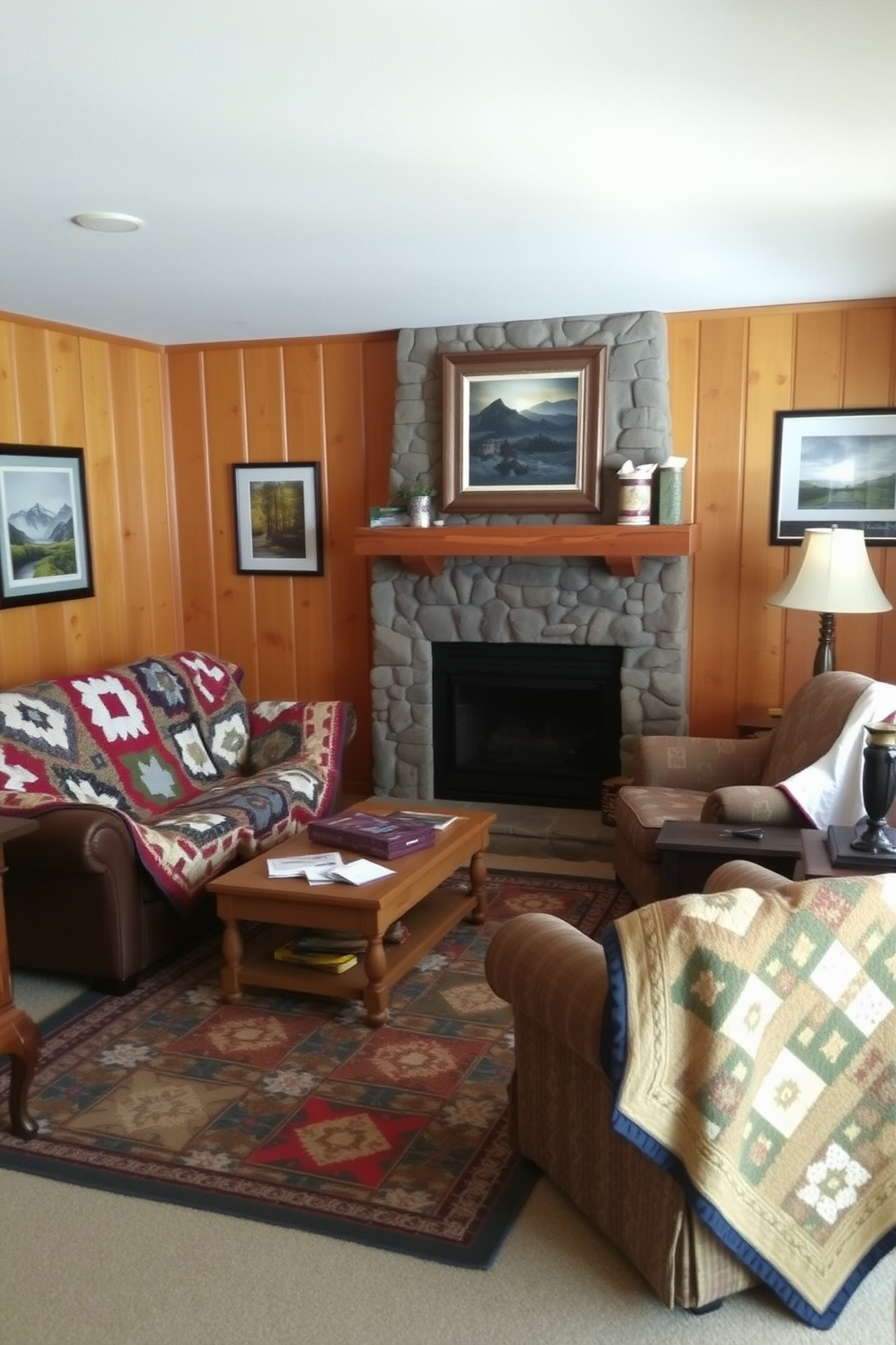 A cozy family room adorned with handmade quilts draped over a plush sofa and armchairs. The walls are finished in warm wood paneling, and a stone fireplace serves as the room's focal point, adding a rustic charm.