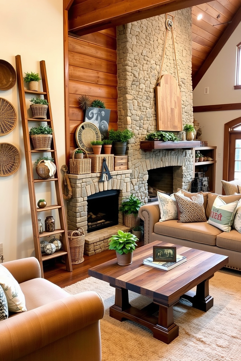 A rustic wooden ladder leans against a wall, adorned with various decorative items such as woven baskets and potted plants. The warm tones of the wood complement the cozy atmosphere of the family room, which features a large, inviting sectional sofa and a reclaimed wood coffee table. The family room is designed with a mix of vintage and modern elements, including a stone fireplace that serves as a focal point. Soft, textured throw pillows and a plush area rug add comfort to the space, creating an ideal spot for family gatherings.